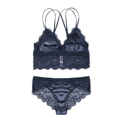 Сексуальный мусс ресницы кружева бархат без обода Bralette нижнее белье дамы бюстгальтер набор тонкий сексуальный фиолетовый черный синий бюстгальтеры - Цвет: Синий