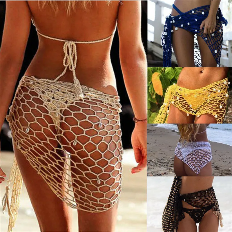 

2019 New Women Fishnet Crochet Bikini Cover Up Swimwear Triangle Shell Sarong Wrap Beach Dress Bathing Swimming Suit