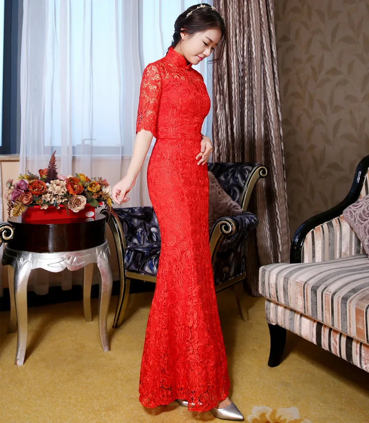 Красное Кружевное женское платье Ципао Qipao традиционное китайское свадебное