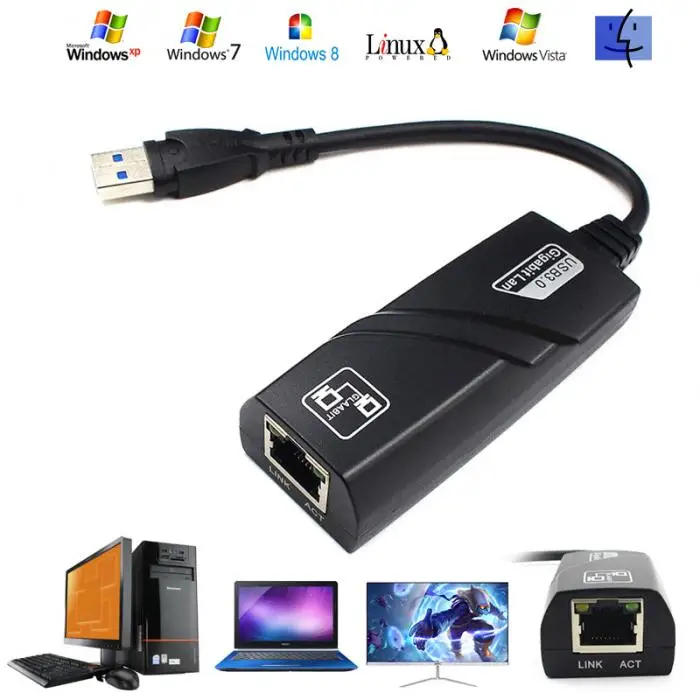 Black USB 3.0 to 10/100/1000M Gigabit Network Ethernet LAN External Adapter Card RJ-45 For PC K laptop accessory | Компьютеры и офис