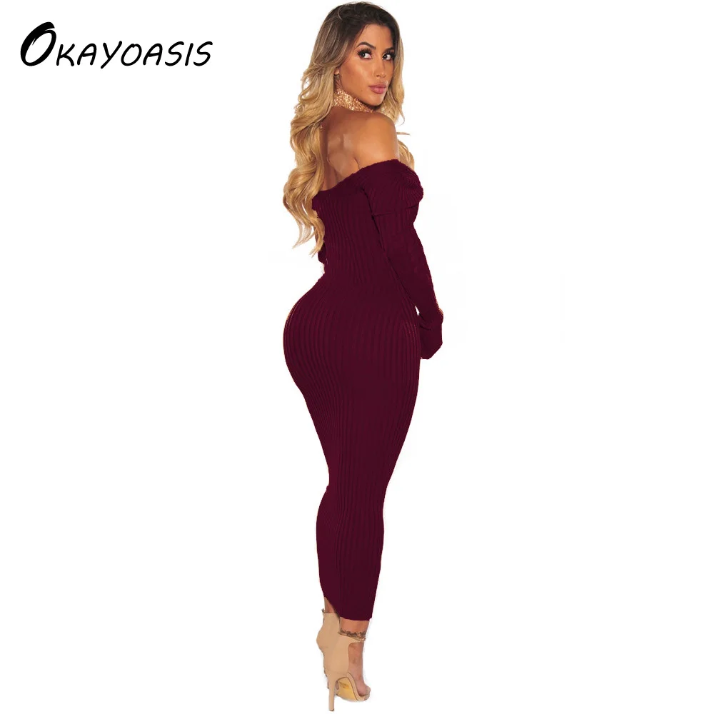 Женское платье OKAYOASIS Осеннее облегающее с длинным рукавом и вырезом лодочкой |