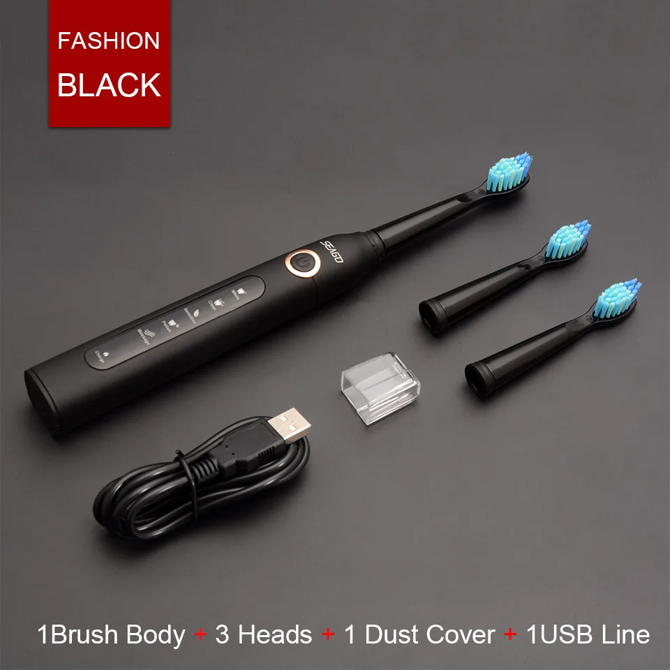 Fashion Black Электрическая зубная щетка Sonic зубная щетка умный таймер Безопасность водонепроницаемый перезаряжаемый для взрослых с 3 сменными головками sg507 - Цвет: Fashion Black