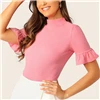 SHEIN модная футболка с воротником-стойкой и манжетами,, элегантная женская одежда, летняя футболка, топы с рукавами-стойкой