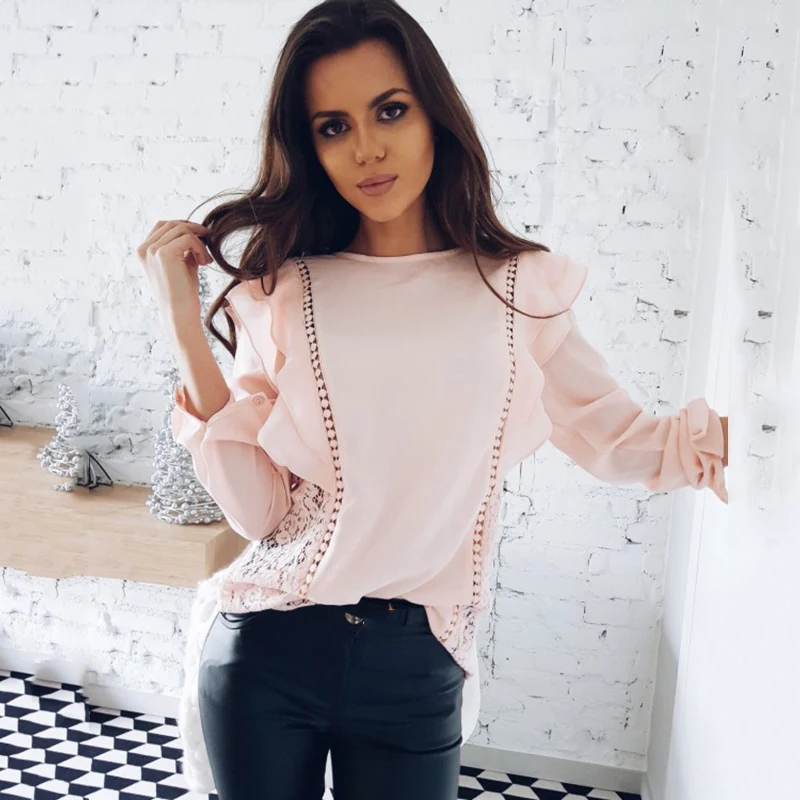 2018 г. новые осенние модные женские туфли Повседневное оборками блузка свободные