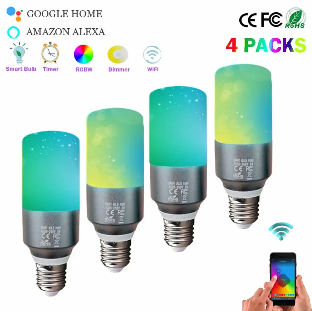 Умная WIFI лампа E27 7W с регулируемой яркостью Светодиодная работает Alexa Google Home