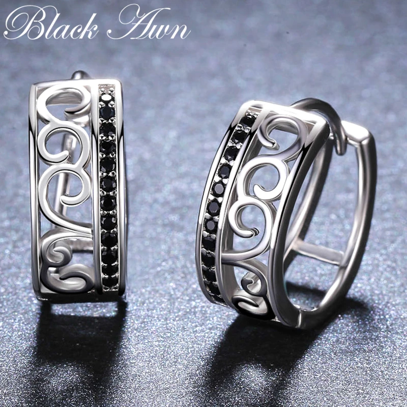 

[BLACK AWN] Round 925 Sterling Silver Jewelry Delicate Pattern Hoop Earrings for Women Black Spinel Boucles D'oreilles I030