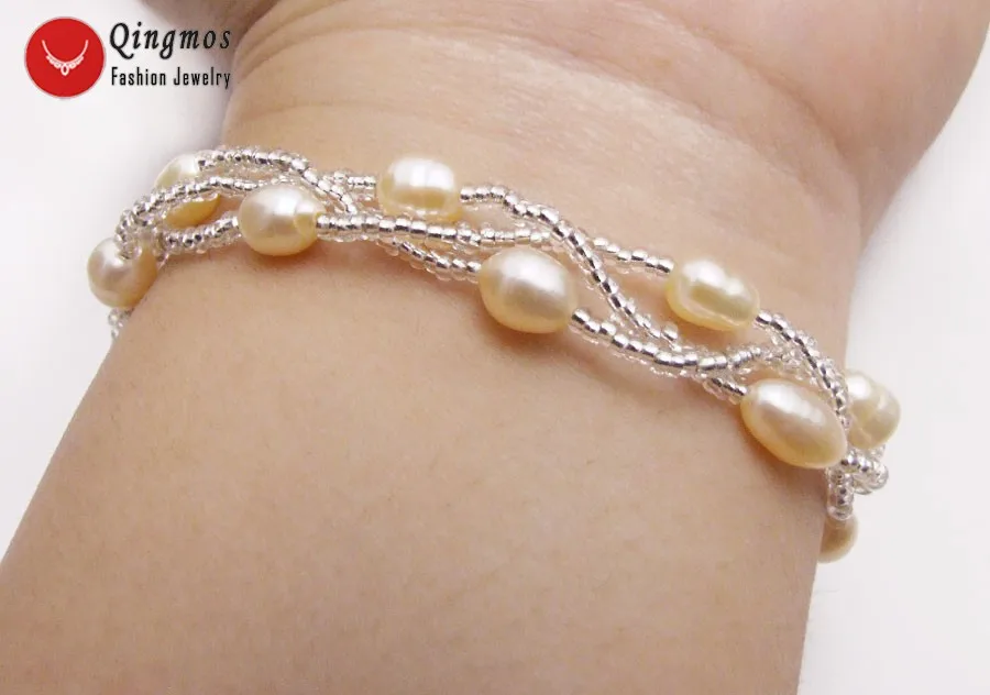 Qingmos Natural Pearl Bracelet for Women with 5-6mm Pink Rice &amp Crystal Handwork Weave 3 Strands Jewelry bra432 | Украшения и