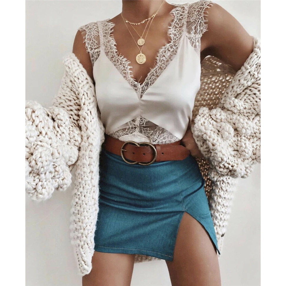 Майка женская кружевная с V-образным вырезом Модный повседневный топ без рукавов