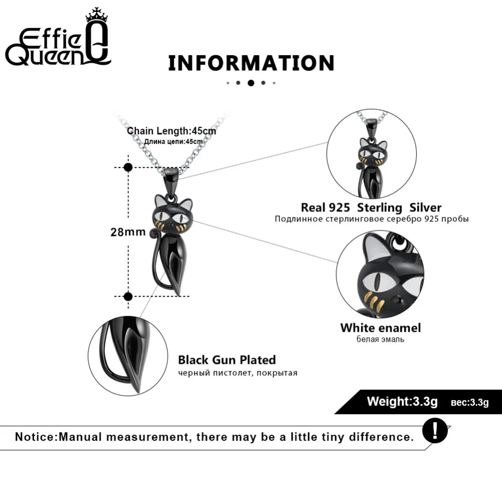 Effie queen Настоящее 925 пробы Серебряное ожерелье с подвеской s для женщин белое эмалевое Серебряное колье Милая Черная кошка ювелирное изделие подарок BN99