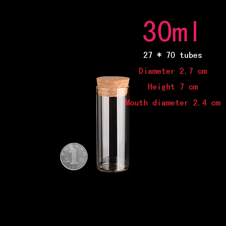 Capacity 30ml  100pcs wholesale empty Tube transparent glass jar, clear empty 30ml small cork Wishing gift glass vial bottle