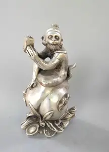 Chinese exquisite white copper monkey Sit peach crafts statue