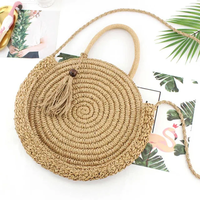 Fashion-Round Fringed Straw Bag Shoulder Versatile Casual Handbags Paper Rope Woven Beach | Багаж и сумки