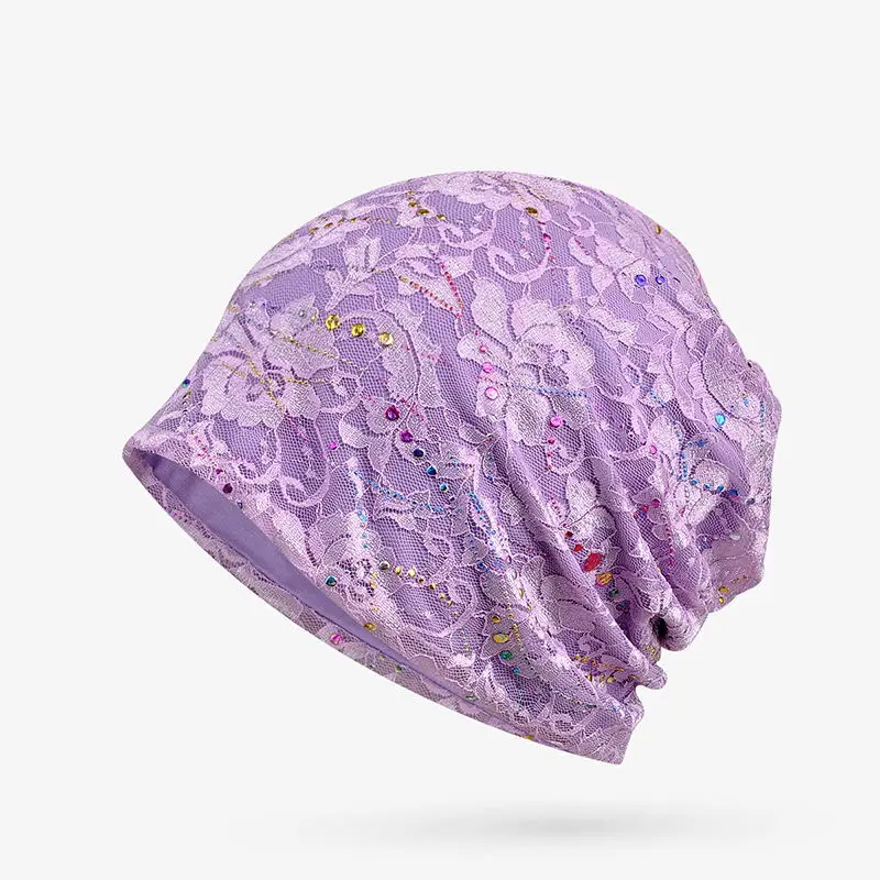 Purple Wuaumx новые кружевные вязаные шапочки шапки для женщин с блестками полый тюрбан шапки головной убор Хип-хоп хеджирующая шапка тонкая и толстая Slouch cap s - Цвет: Purple