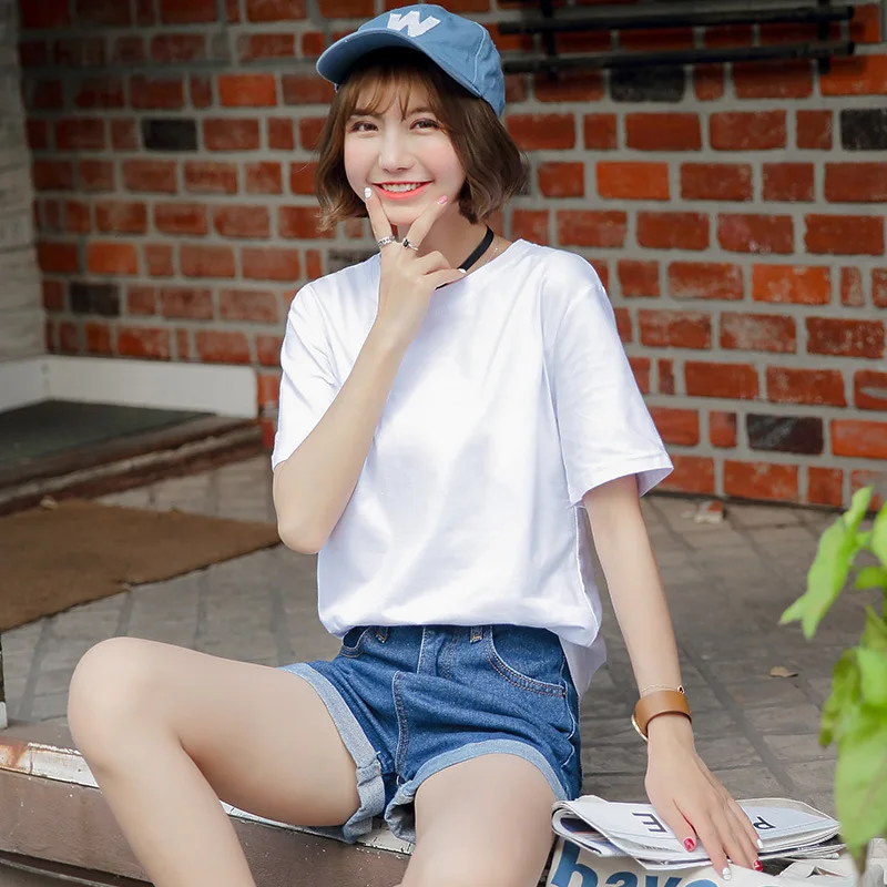 Женская хлопковая футболка с коротким рукавом свободная Однотонная рубашка
