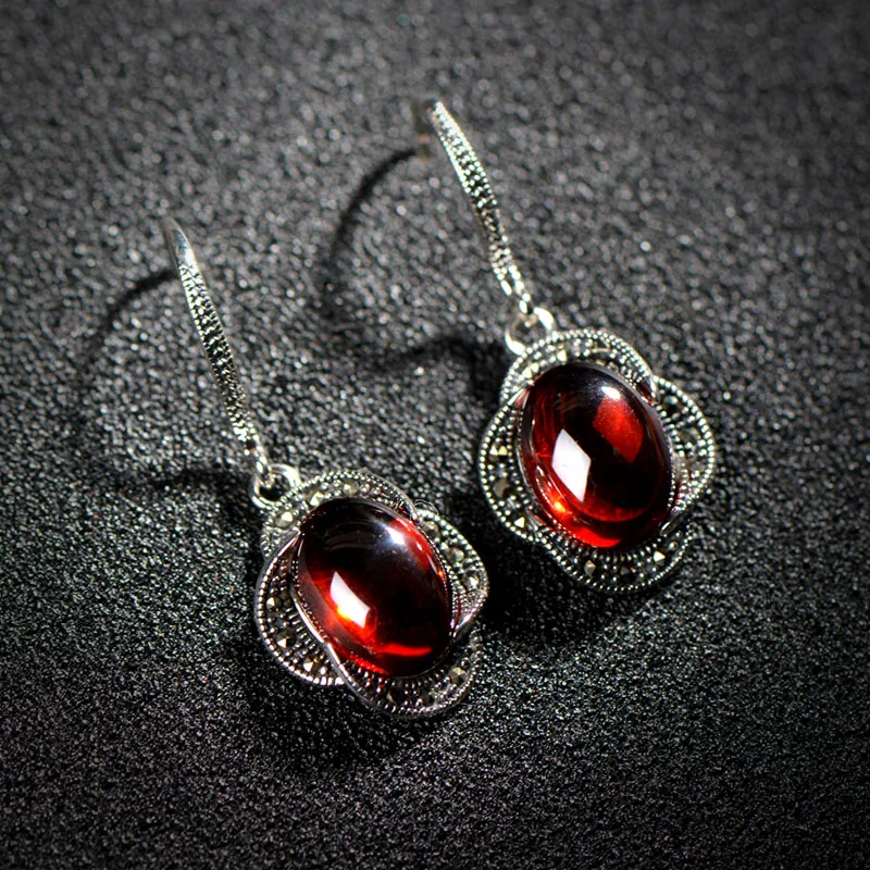 Модные Классические серьги падения женский Винтаж 925 silver CZ красный камень ручной