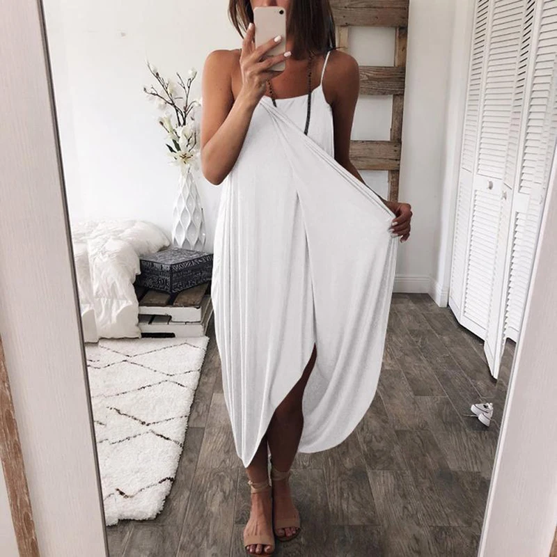 

Female Ladies Holiday Strappy Irregular Wrap Maxi Summer Dress Women Loose Solid Color Sleeveless Sexy Sundress Plus Size S-3XL