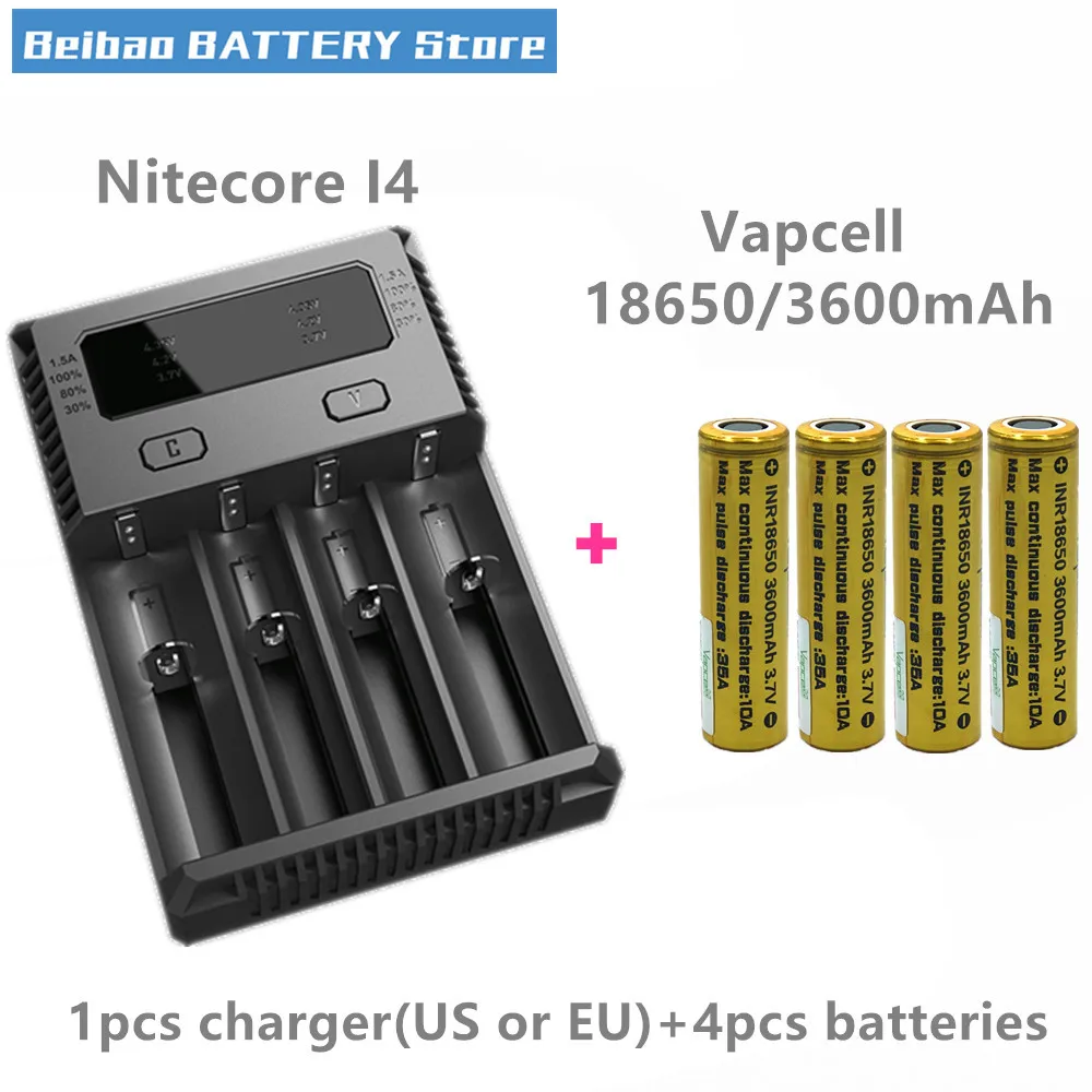 Vapcell INR 18650 аккумулятор 3600 мАч 35A аккумуляторная батарея для E-CIG дыма с Xtar VC4 VP4 зарядное устройство Nitecore зарядное устройство Liitokala