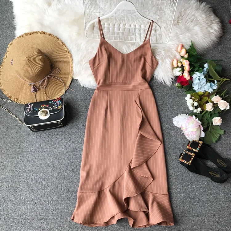 Женское Полосатое платье ALPHALMODA на тонких бретельках облегающее асимметричное с