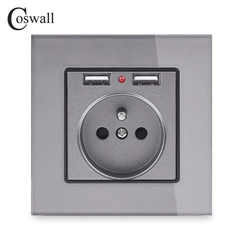 COSWALL двойной usb порт для зарядки 16А настенная французская польская розетка стеклянная панель ПК Панель матовый серый цвет - Тип: Glass panel socket