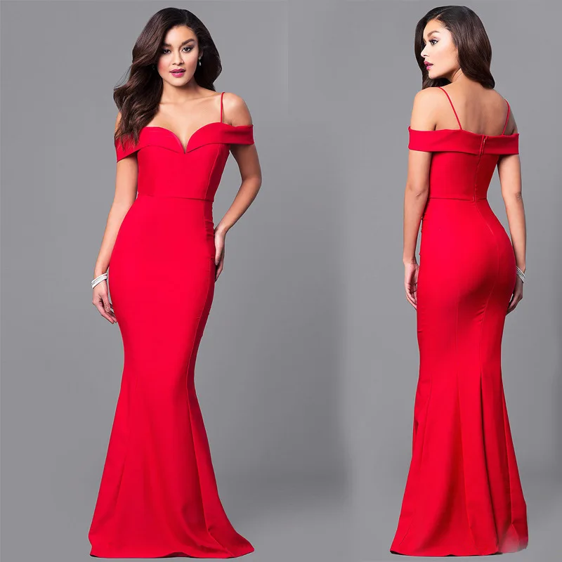 Sexy Straps V-Neck Dress Women Off Shoulder Bodycon Red Party Dress Long Maxi Dresses vestidos verano Zipper Sundres