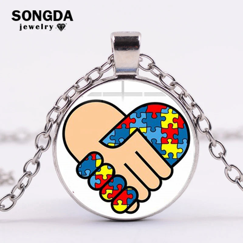 

Autism Awareness Necklace Creative Puzzle Piece Heart Love Ribbon Art Pattern Glass Cabochon Fashion Pendant Charm Accessories
