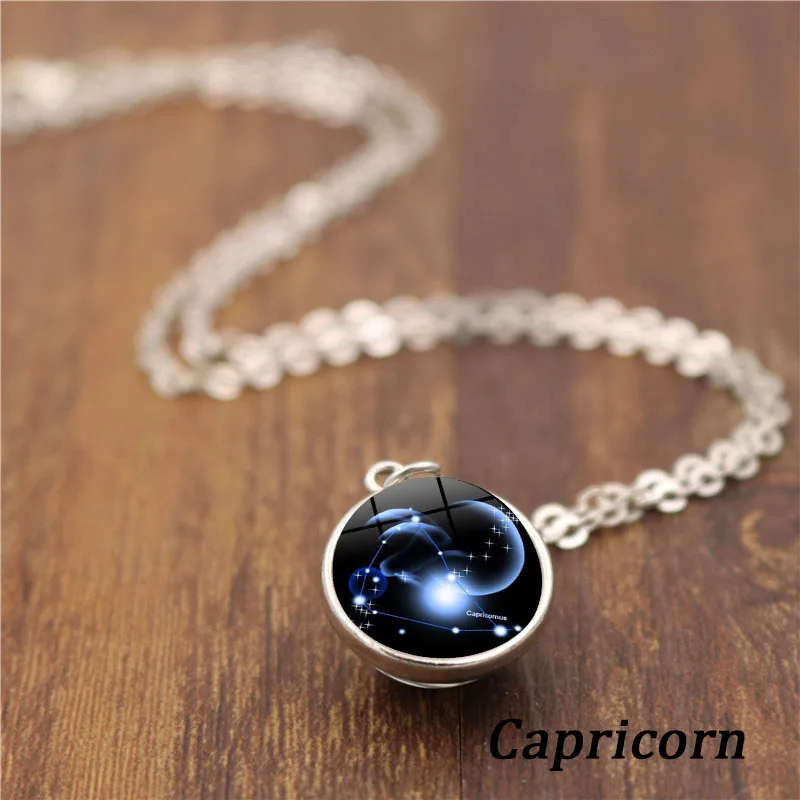 Capricorn 12 Созвездие двухсторонний шар стеклянный кулон ожерелье Знак зодиака персонализированные ювелирные изделия Серебряная цепочка Ожерелье для мужчин и женщин Подарки - Окраска металла: Capricorn