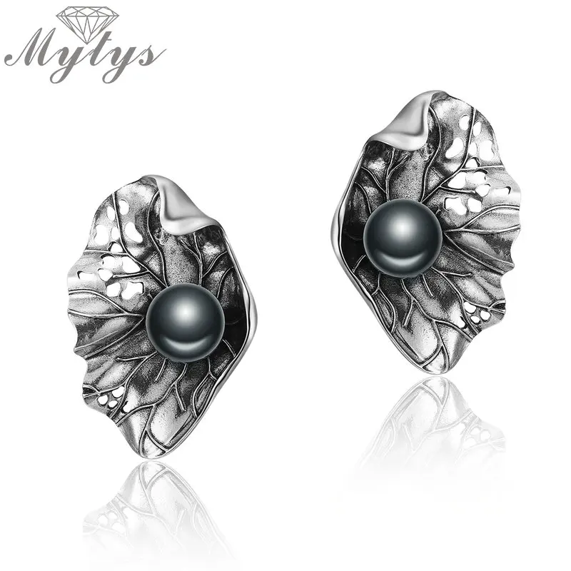 Earrings Mytys Увядшие листья ожерелье серьги наборы для женщин большой черный жемчуг Антикварные Ювелирные наборы Винтаж Ретро стиль подарок CN437 CE475 - Окраска металла: Earrings