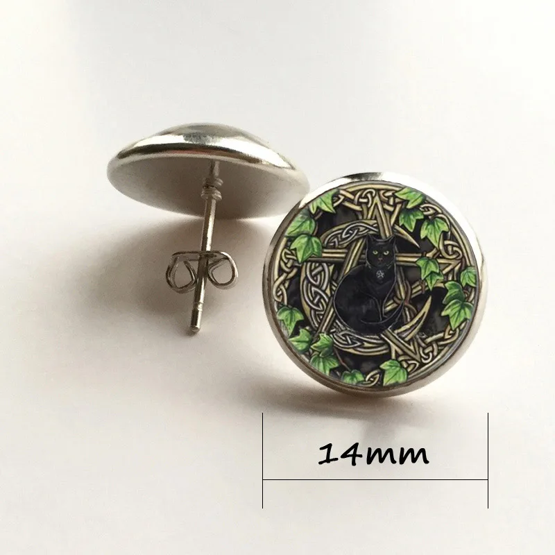 14silver earring14mm Новинка, Wicca подвеска в виде кошки, ожерелье в виде черного кота, стеклянный купол, фото, ювелирные изделия, подарки для женщин, круглые серебряные ожерелья - Окраска металла: 14silver earring14mm