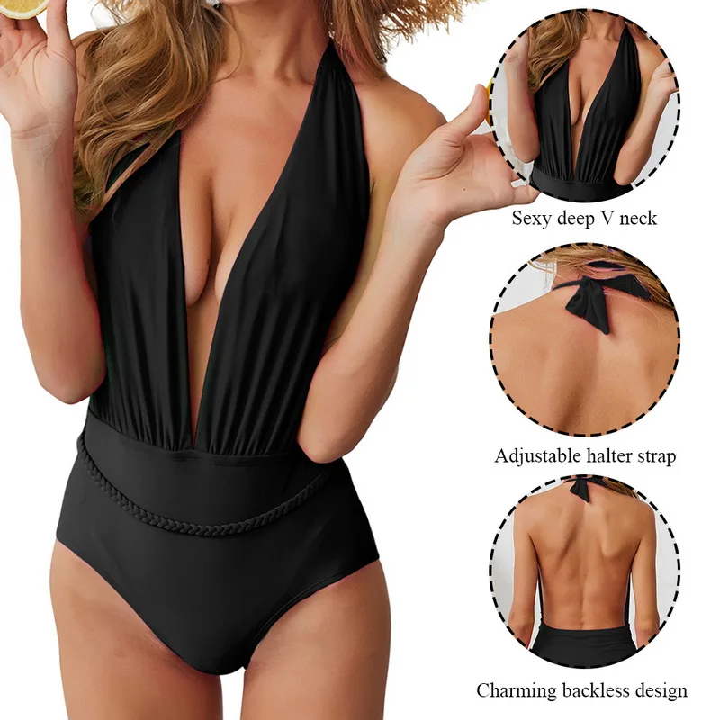 Сексуальный купальник с глубоким v образным вырезом сплошной цвет плюс размер