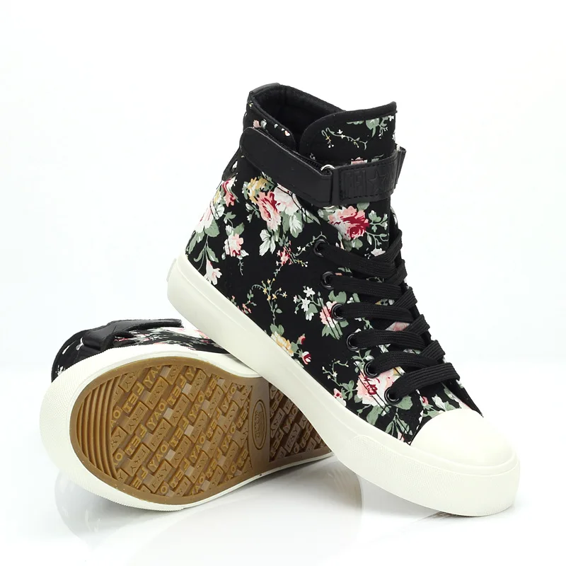 Женские парусиновые туфли на плоской подошве с цветочным принтом и высоким