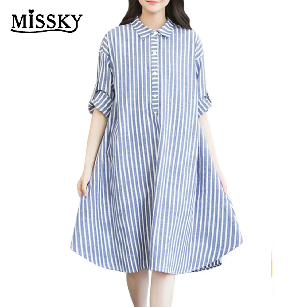 MISSKY Women Simple Casual Stripe Dress Chic Loose Long Sleeve Shirt Dress