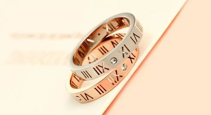 Кольцо женское из нержавеющей стали розовое золото с полыми римскими цифрами |