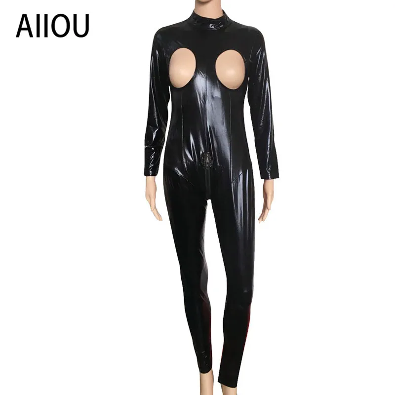 AIIOU костюм из искусственной кожи с вырезами женский латекса черный облегающий