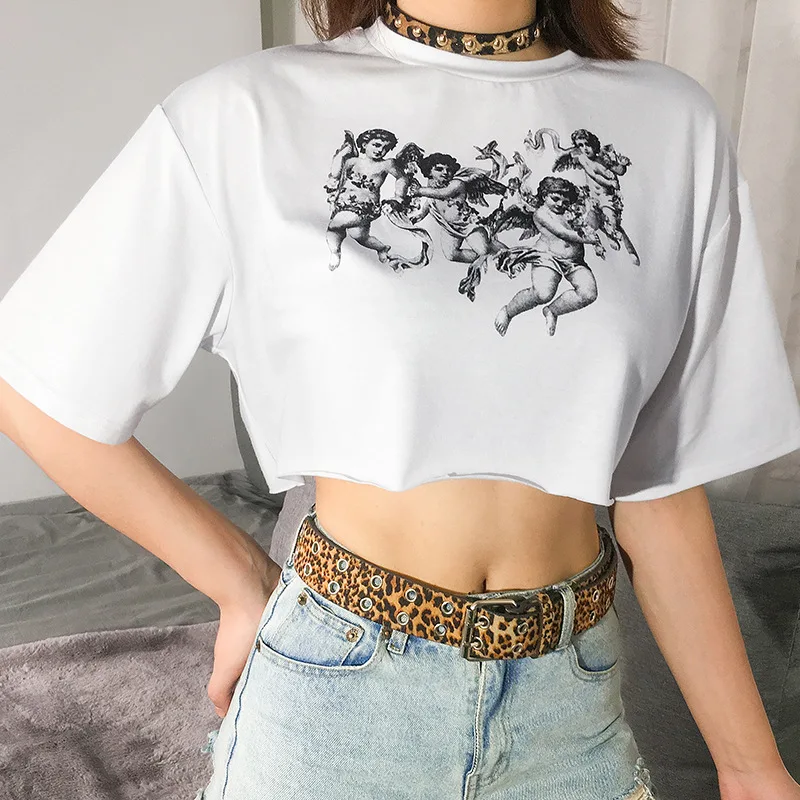 Harajuku Angel Print Белая укороченная Футболка женские свободные топы с коротким рукавом