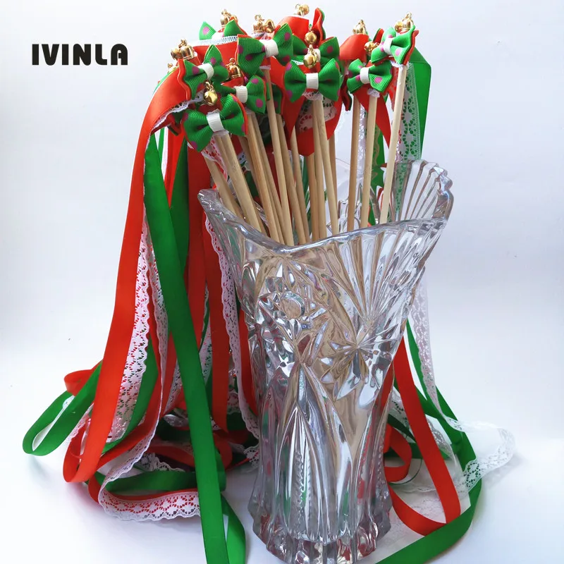 

Newest red green wedding ribbon wands with bowknot and lace wedding party decoration