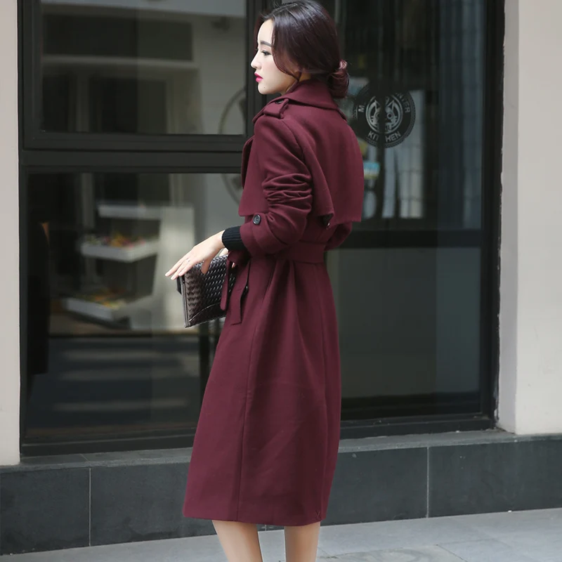 

autumn outfit new style women coat long woolen blend coats turn-down collar clothes with belt plus size beauty clothing S-XXL