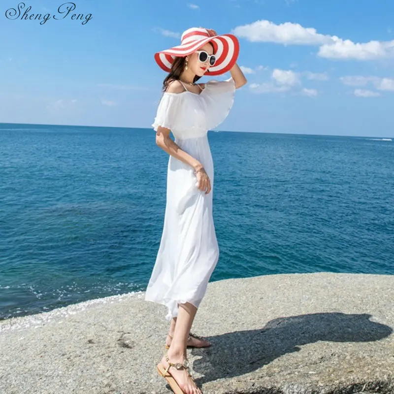 

Summer female sexy beach Mexican long dress deep boho Mexica out printed loose bohemian dress Q395