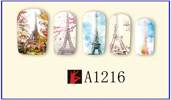 12 упак./лот переводка NAIL ART наклейки на ногти татуировки слайдера с полным покрытием в европейском стиле с оригинальными рисунками "Парижская башня церкви A1213-1224