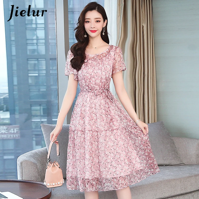 Jielur/женское платье, шифоновое, большое, свободное, летнее, Пляжное, вечерние, с цветочным принтом, с коротким рукавом, платье для девушек, милое, повседневное, модное, Vestidos
