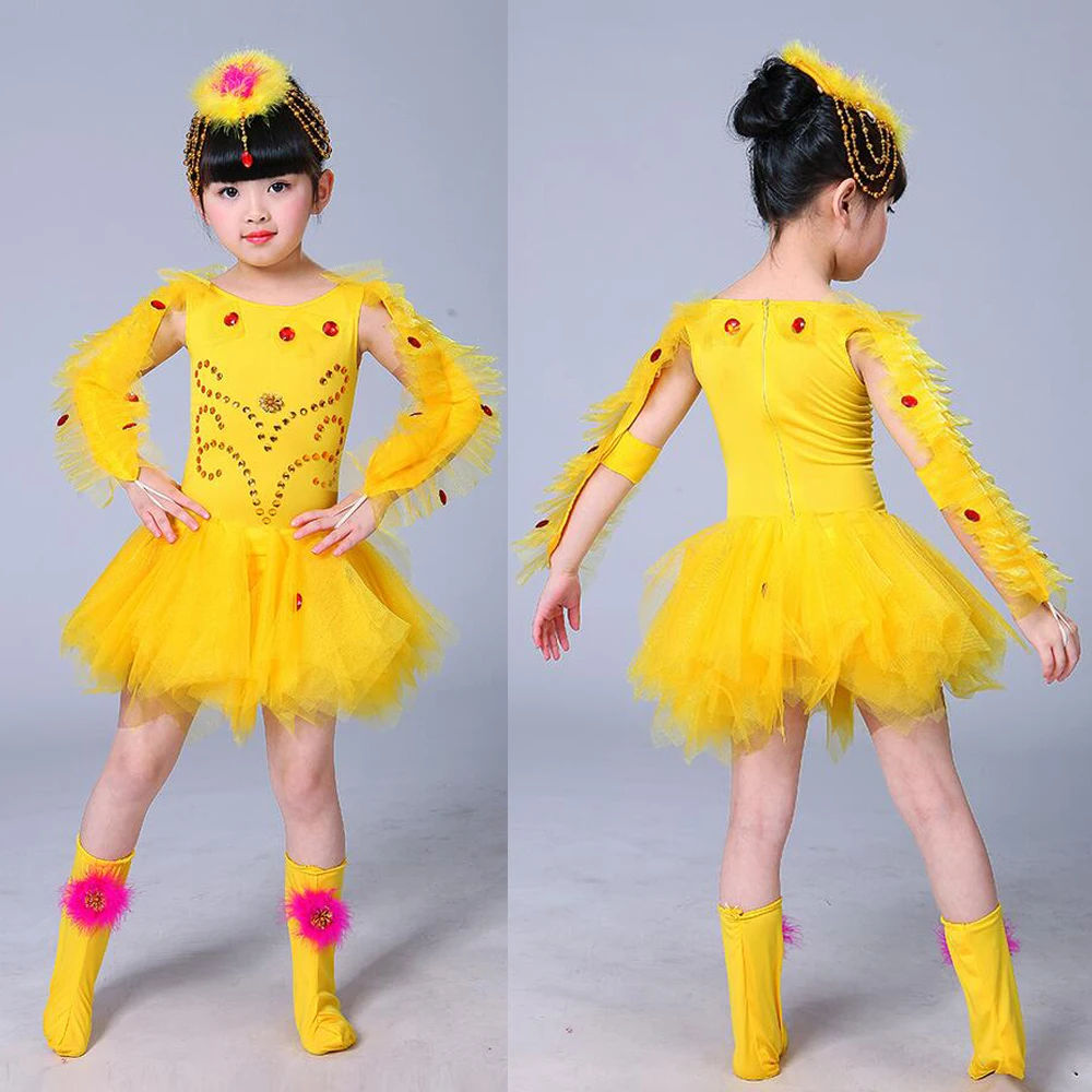 Танцевальная одежда для девочек с желтыми птицами костюмы детская сценическая