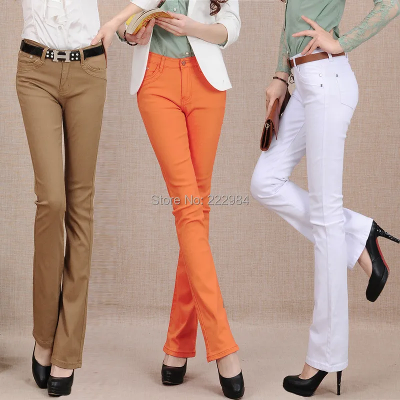 

Весенне-осенние новые яркие разноцветные зеленые хлопковые брендовые плотные женские брюки стрейч расклешенные джинсы