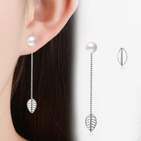 new trendy asymmetric leaf pearl jewelry 925 sterling silver ladies long tassel stud earrings for women anti allergy
