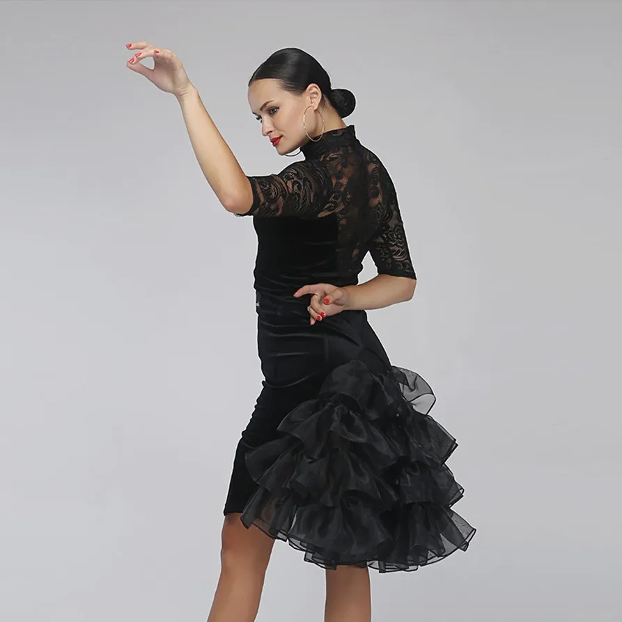 Платье для латинских танцев с кружевным рукавом женское платье Танго женские