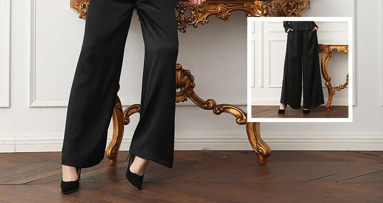 VOA плюс Размеры свободные тяжелый шелк Pantskirt Офисные женские туфли основной черный широкие штаны Для женщин середины талии Повседневное брюк K378