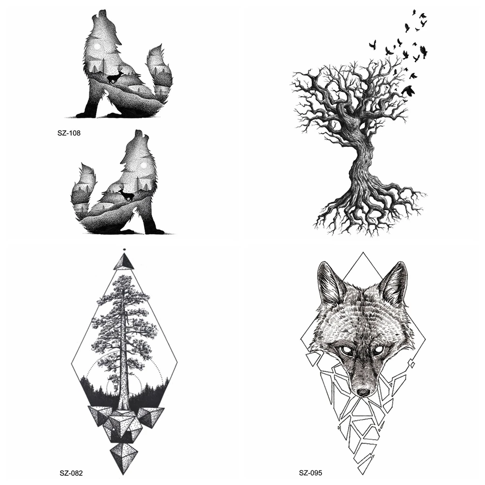 Geometric Fox Temporary Tattoo Men Fashion Stickers Black Arm Women Wolf Cosmetic Waterproof Tree Ankle Fake Tatoo Makeup | Красота и