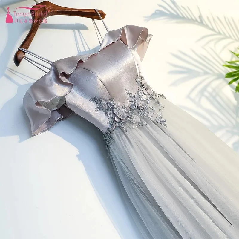 

A Line Satin Tulle Bridesmaid Dresses Lace Up Floor Length Wedding Guest Party Dress Slivery Grey Burgundy Maid Of Honor DQG273