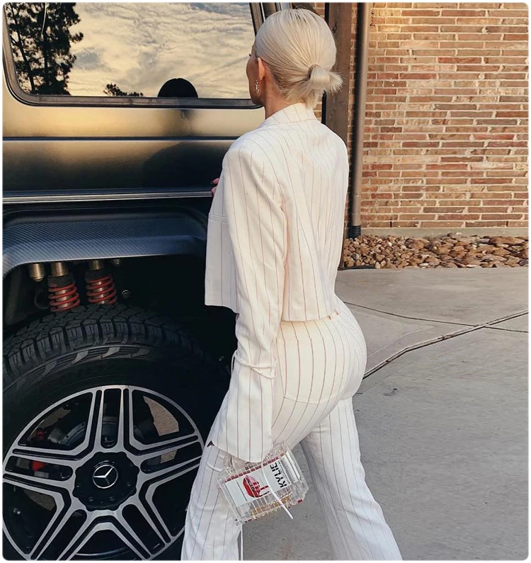 Вечерние костюмы знаменитостей Kyliejenner с расклешенным длинным рукавом, 3 предмета, вечерние костюмы в полоску, Блейзер, укороченный топ и штаны, комплект на выпускной для женщин