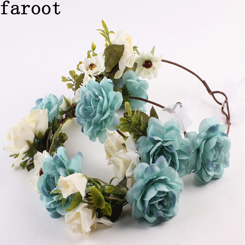 Женские и Детские Семья цветочный осень BOHO повязка на голову цветы для праздников, свадеб девушка пляжные волосы венок-гирлянда сине белые Романтический гирлянда