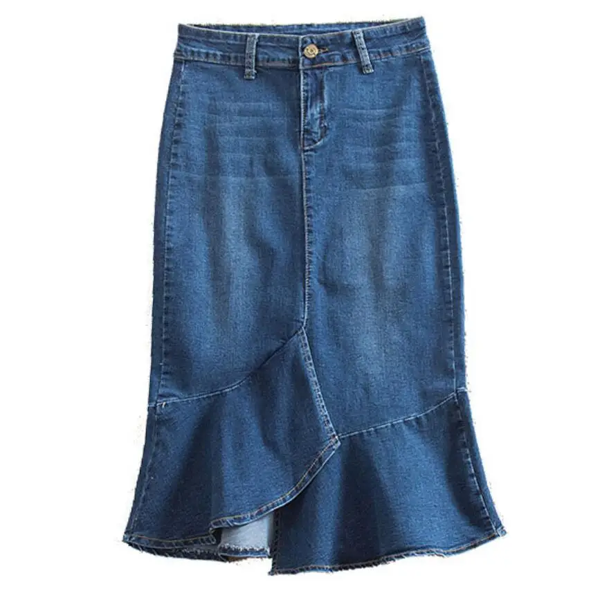 

Women High Waist Denim Skirts Summer Slim Trumpet Ruffles Casual Mermaid Skirt Women Irregular jeans Skirt