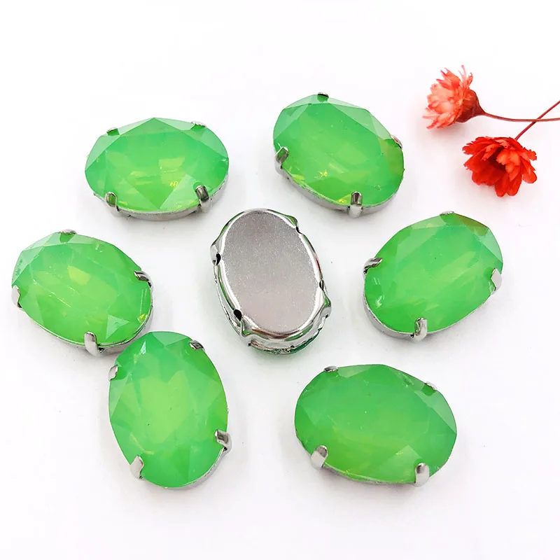 Бесплатная доставка матовая зеленая Опаловая овальная форма пришивные стразы с